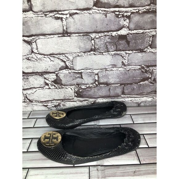 Tory Burch Reva Gold Logo Black Leather Snake Skin Ballet Flats Women Sz 7.5M US - Picture 10 of 16
